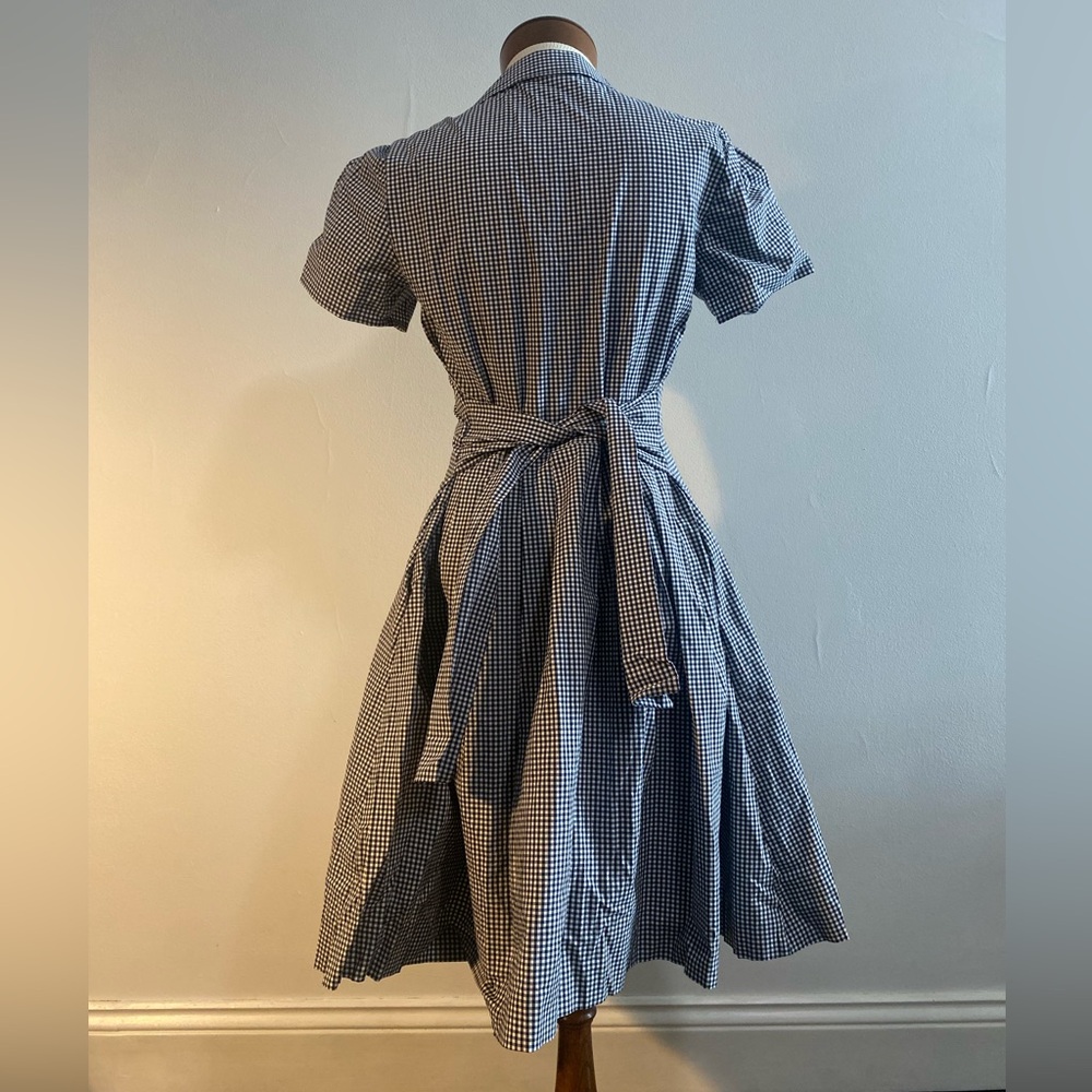 Donna Karan Gingham Midi Dress Puff Sleeve Tie Waist Black and White Size 6 - Picture 5 of 11